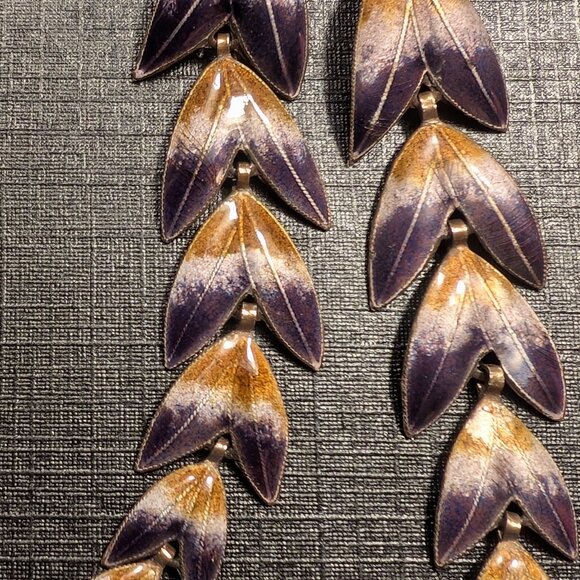 Dangle Leaf Earrings purple Enamel Sterling Silver Vermeil Gold Plate Estate Vtg - Picture 2 of 7